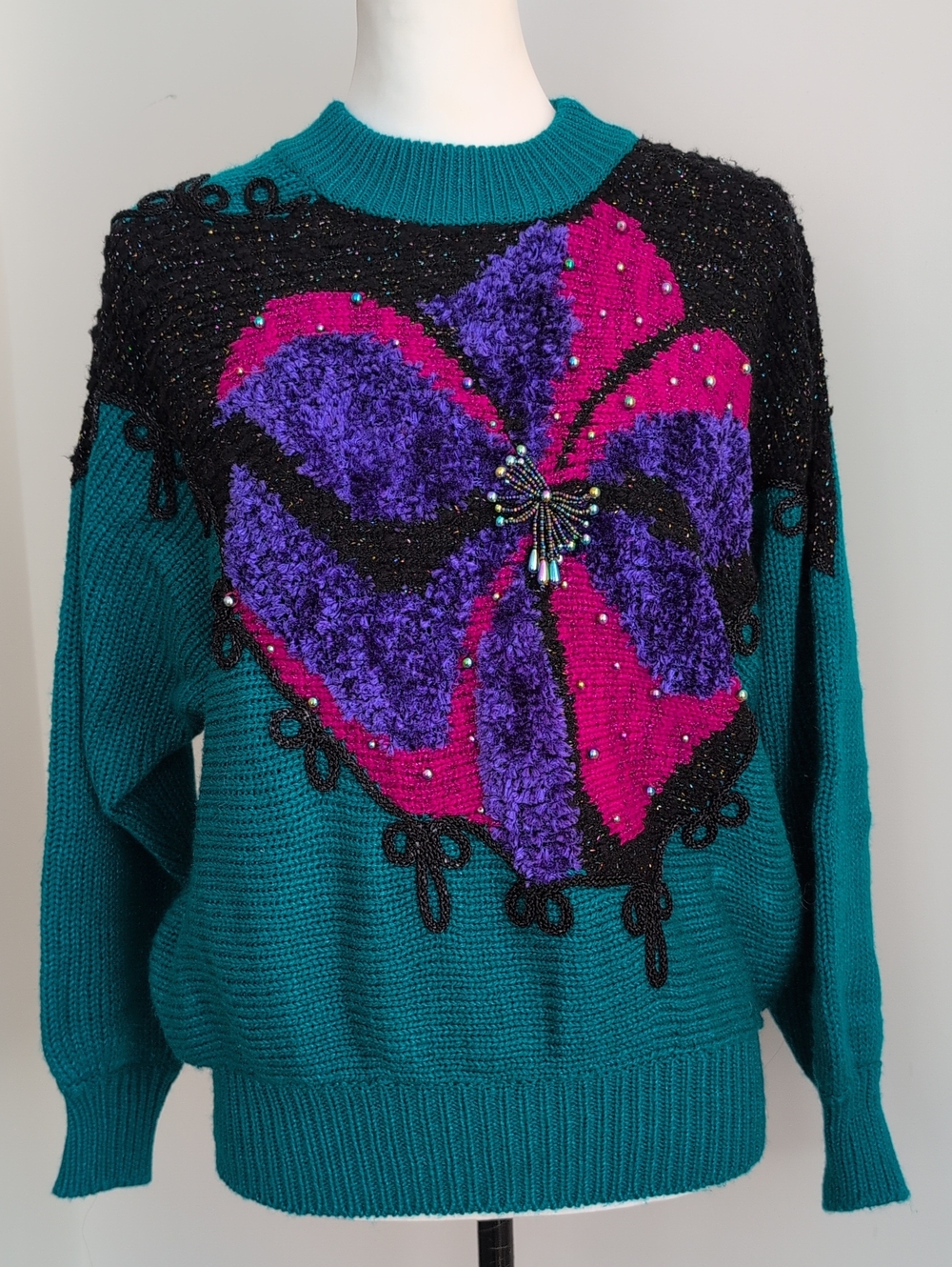 VTG 80s Jaclyn Smith Avant Garde Embellished Beaded Floral Bow Sweater LARGE